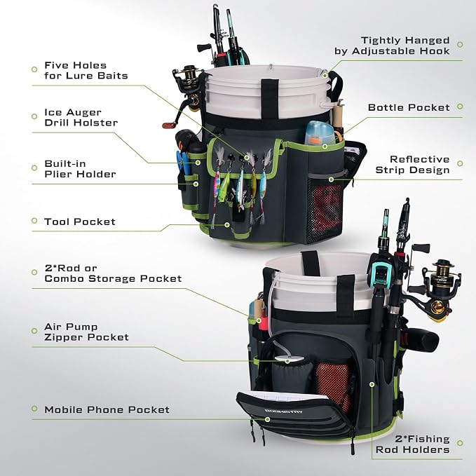 Boomistry Fishing Bucket Organizer for 5 Gallon Bucket Accessories, Fishing Tackle Bag with Adjustable Buckle, Fishing Rod Bag with 15 Multi-Pockets for Fishing Gear and Equipment (Dark Gray)