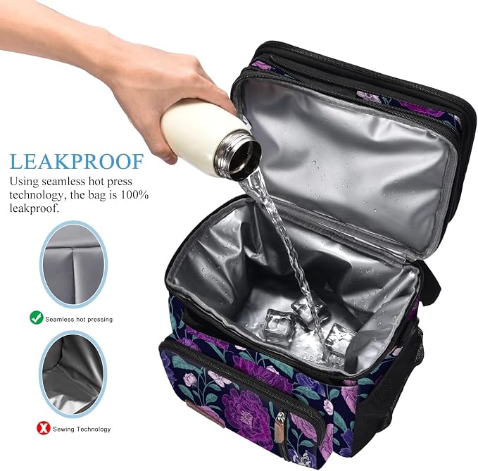 MIYCOO Lunch Bag & Lunch Box for Women Men, Double Deck Leakproof Insulated Soft Large Adult Camping Cooler bag for Work, Beach, Picnic, Travel (Purple Flower, 15L)