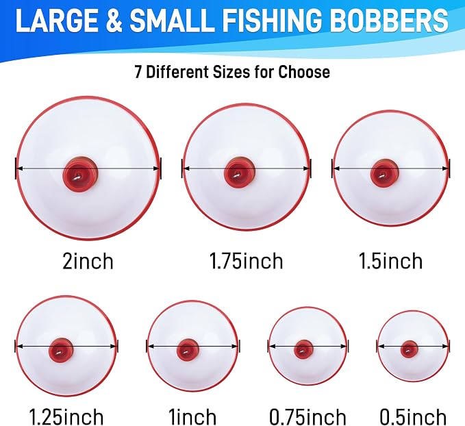 AGOOL Fishing Bobbers Set Snap Hard ABS on Red/White Fishing Floats Bobbers Push Button Round Buoy Floats Tackle Accessories Size: 0.5/0.75/1/1.25/1.5/2/2.5 Inch