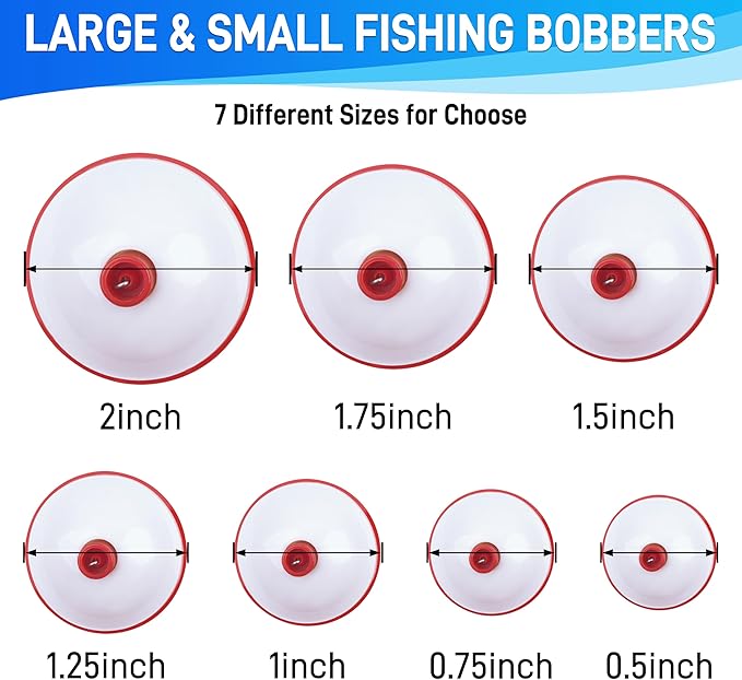 AGOOL Fishing Bobbers Set Snap Hard ABS on Red/White Fishing Floats Bobbers Push Button Round Buoy Floats Tackle Accessories Size: 0.5/0.75/1/1.25/1.5/2/2.5 Inch