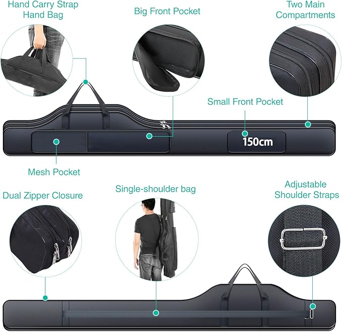 Fishing Rod Case with Fishing Tackle Box Portable Folding Rod Case Pole Reel Storage Bag Gears Organizer (150CM)