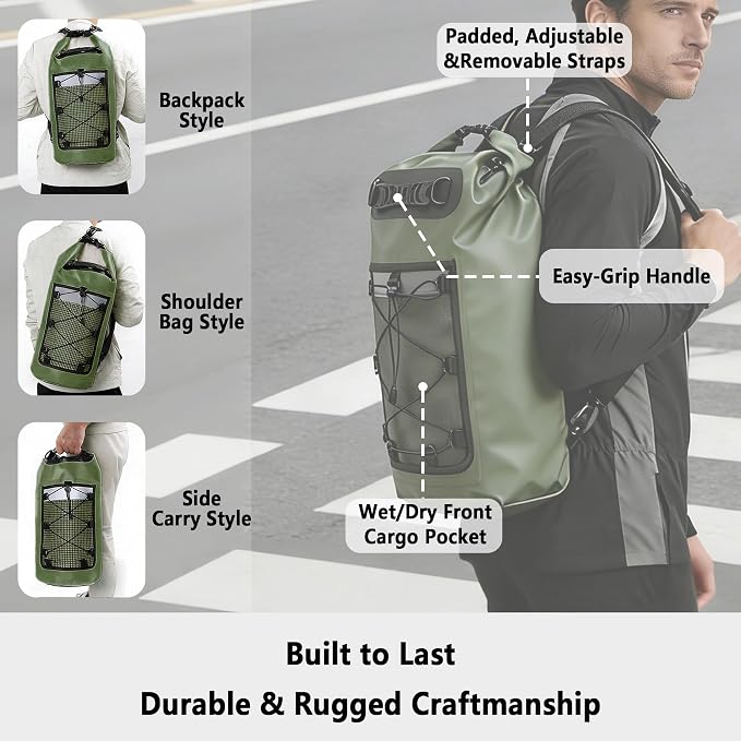 SHENDU 20L Waterproof Dry Bag - Roll-Top Backpack w/Waterproof Phone Case for Kayaking, Hiking, Camping, Boating, Beach Unisex（green）