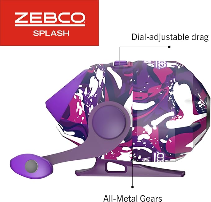 Zebco Splash Spincast Reel and Fishing Rod Combo, Fiberglass Rod, Ball Bearing System, All Metal Gears, 8-Pound Line