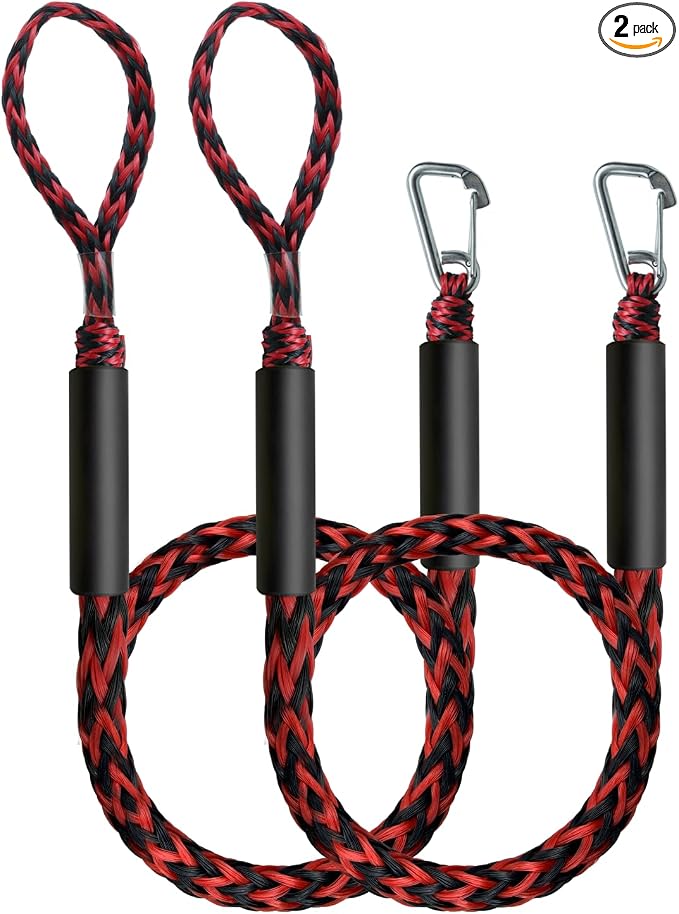 Boat Accessories 4.5 Feet Bungee Dock Lines with 30cm Extended Loop and 316 Stainless Steel Clip 2-Pack for Docking for Boats PWC,Kayak,Watercraft,SeaDoo,Jet Ski, Pontoon, Canoe, Power Boat(Red+Black)