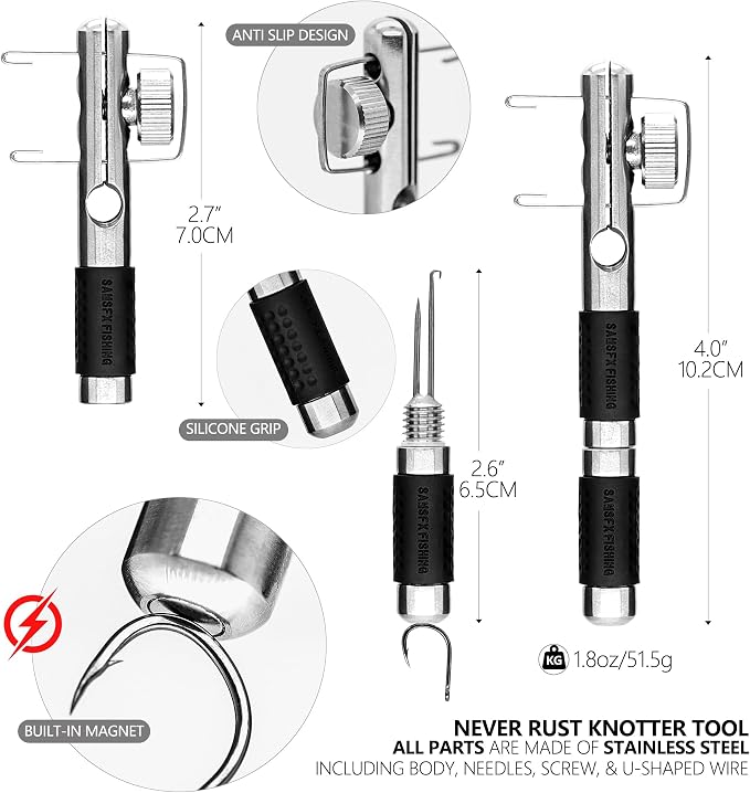 SAMSFX Fishing Stainless Steel Hook Tier, Knot Tying Tool, Loop Tyer, Hook Remover and Zinger Retractors Combo