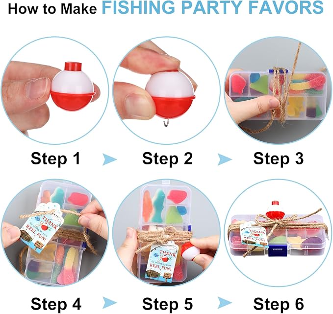 Wonderjune 24 Sets Fishing Party Favors Candy Little Tackle Boxes with Red White Floater Thank You Cards for Making My Reel Fun Fishing Theme Party Decorations