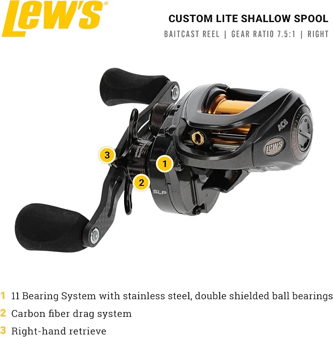 Lew’s Custom Lite SS Baitcast Fishing Reel, 10+1 Double Shielded Bearings, 7.5:1 Gear Ratio, Super Shallow 30 mm Spool, Tanso Tech Frame, Carbon Fiber Drag, Carbon Gray
