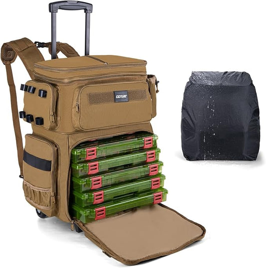 Goture 66L Rolling Tackle Box with Cooler, Khaki Large Fishing Bag with Wheels for 5 3700 Trays(Trays Included), Saltwater Resistant Tackle Backpack with Rod Holders