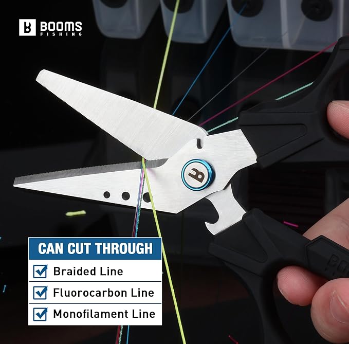 Booms Fishing Braided Line Cutter: 6.3in Multifunction Fishing Scissors with Lanyard and Sheath - Fishing Shears with Serrated Blades and Side Wire Cutter, S04