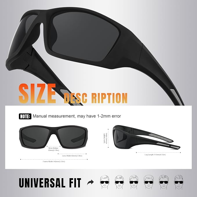 Polarized Sports Sunglasses for Men Women - Wrap Around Sun Glasses UV Protection for Fishing Running Driving