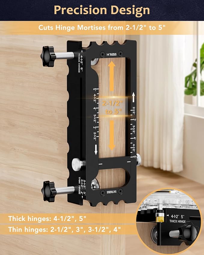 Door Hinge Jig Tool for Router, Adjustable Aluminum Alloy Mortise Jig Fits Door Hinges 2.5" -5", Door Hinge Template Installation Kit, 1/4" & 5/8" Radius and Square Corners, Black