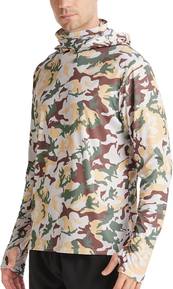 FISHEAL Men's Performance Fishing Hoodie Shirt - UPF 50+ Sun Protection Long Sleeve Thumbholes Shirts with Neck Gaiter