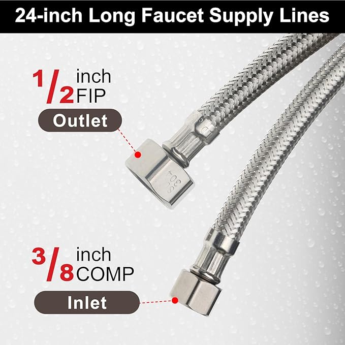 Midanya Faucet Supply Lines,24" Stainless Steel Braided Water Supply Line, 1/2" FIP x 3/8" COMP Faucet Hose, Faucet Hose Connector x 2 Pcs (1 Pair)