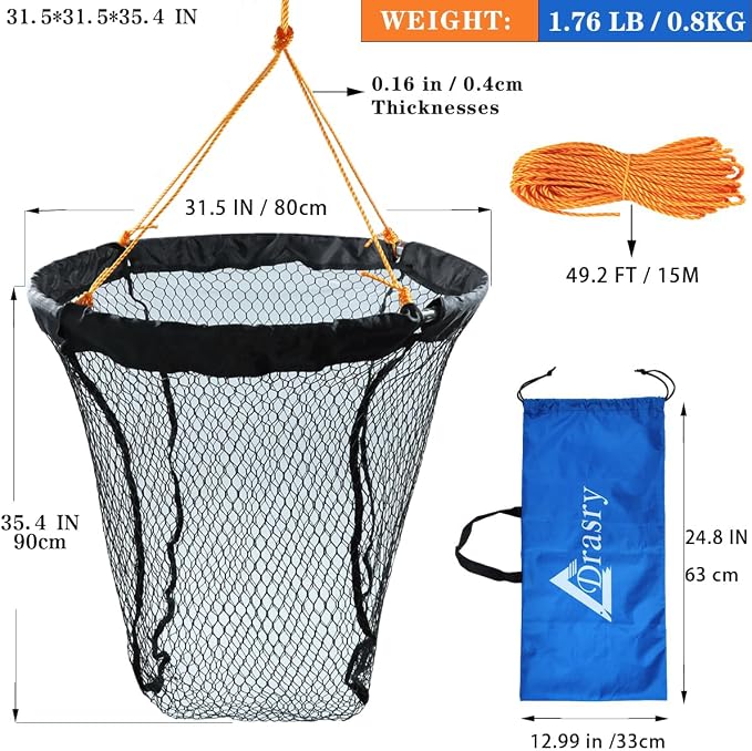 Drasry Foldable Bridge and Pier Fishing Landing Net - High Load-Bearing Aluminum Ring Drop Net for Saltwater Freshwater - Collapsible Basket With 49.2 FT Rope