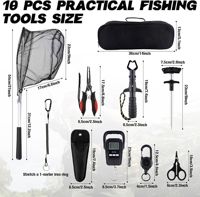 Hikary 10 Pcs Fishing Tool Kit,Folding Fishing Net Set with Storang Bag,Pliers with Lanyard and Protective Sheaths,Hook Remover,Fish Gripper,Fish Scale,Scissors for Fisherman Travel Gifts
