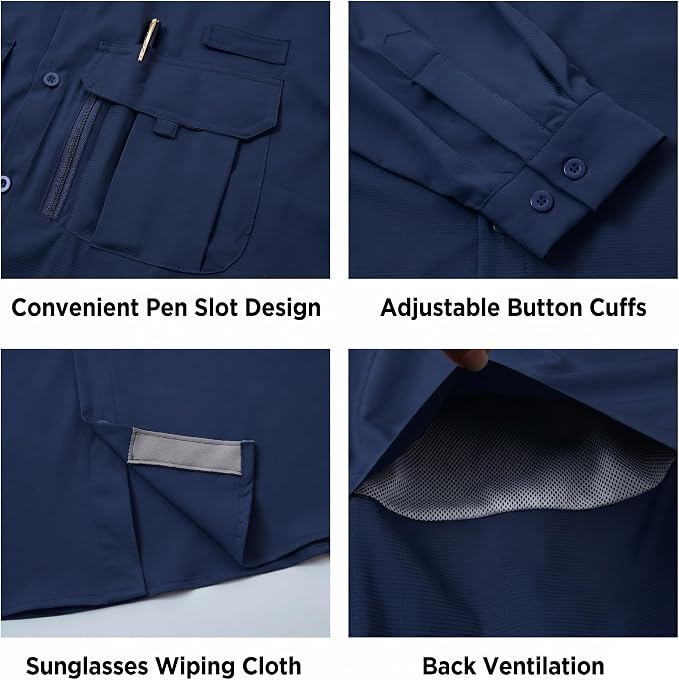 Men's Long Sleeve Fishing Shirts UPF 50+ Sun Protection Quick Dry Shirts Button Down Shirt for Hiking Camping
