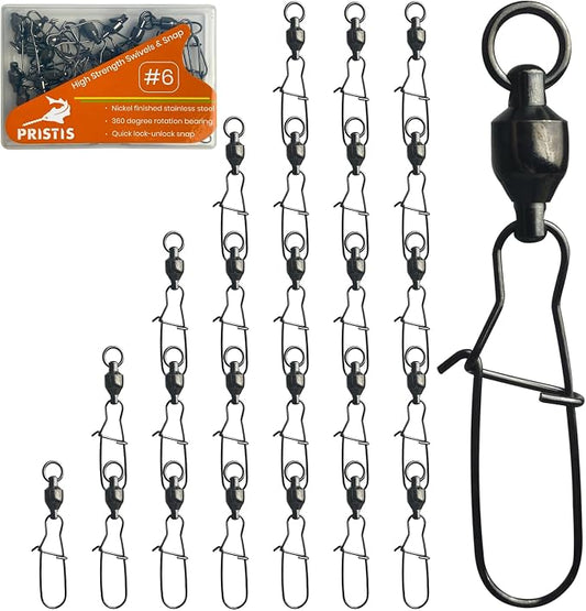 Pristis 25 Pack High Strength Fishing Snap & Swivels, Ball Bearing with Coastlock Snap, Saltwater Corrosion Resistant Connector, Fresh Water Heavy Duty Black Nickel Finish Tackle Kit for Bass Perch