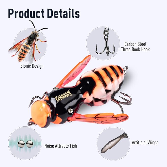 Kingdom Wasp Craw Bait Insect Bionic Floating Fishing Lures Swimbaits Hard Artificial Baits Lure for Freshwater and Saltwater Bass Carp Pike Walleye Fishing ABS Material Carbon Steel Three Book Hook