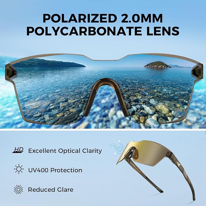 KastKing Tarkio Polarized Fishing Sunglasses, Large Single PC Lenses, Rimless Wrap Design, UV400 Protection Sports Sunglasses