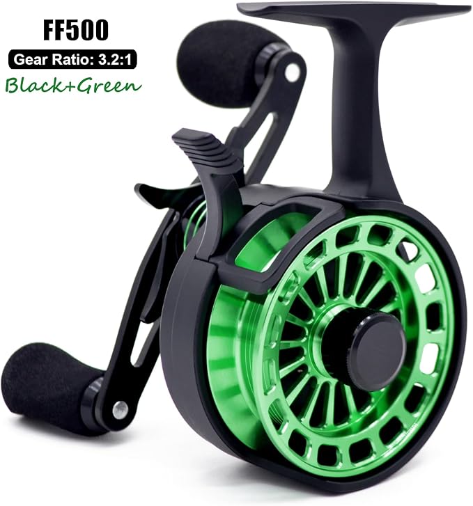 Inline Ice Fishing Reel, 3.2:1 High Speed Gear Ratio, 3+1 Anti-Reverse Ball Bearings, Magnetic Brakes, Lightweight Graphite Frame with a CNC Aluminum Spool for Winter Fishing