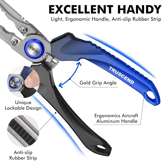 TRUSCEND Easy Use Lockable Fishing Pliers with Tungsten Carbide Cutter, Innovative Ergonomic Handy Handle, Saltwater Corrosion Resistant Teflon Coated Fishing Tool, Light Multi-Function Fishing Gear