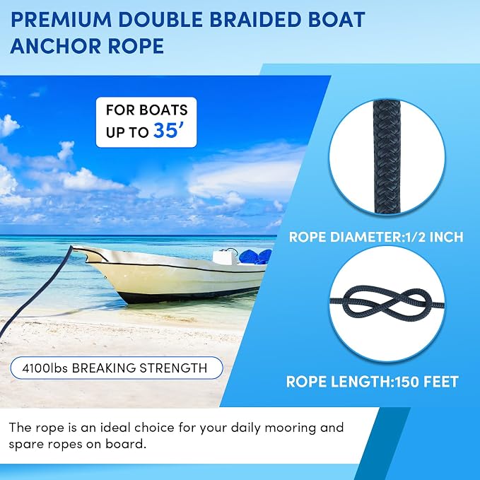 Boat Anchor Rope 150 ft x 1/2 inch Navy Blue, Double Braided Anchor Line with Stainless Steel Thimble & Shackle, Marine Rope Ideal for Towing,Mooring,Decks,Anchoring,for Boats Up to 35'