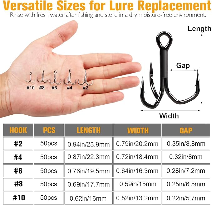 Dovesun Fishing Treble Hooks, Triple Hooks 3X Strong Professional V, 50PCS High Carbon Steel Replacement Fishing Hooks for Saltwater and Freshwater, Sizes #10#8#6#4#2