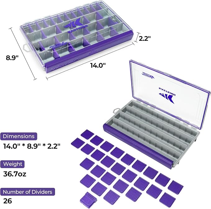 KastKing HyperSeal Waterproof Tackle Box, 3600 and 3700 Tackle Trays, Fishing Tackle Box Organizer with Removable Dividers, Lure Box and Terminal Tackle Storage,Purple