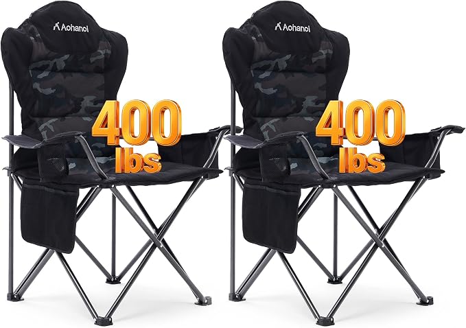 Aohanoi 2 Pack Camping Chairs for Heavy People,Outdoor Folding Camp Chairs for Adults with Cup Holder & Cooler Bag for Outside,Outdoor Lawn Chairs Supports Up to 400lbs