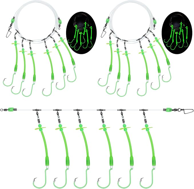 Pre-Rigged Deep Drop Saltwater Rigs – Glow Tubes, Hooks, Beads & Spinner Blade – 6/0 8/0 Circle Hooks for Snapper/Grouper/Tilefish (3/6 Hooks)