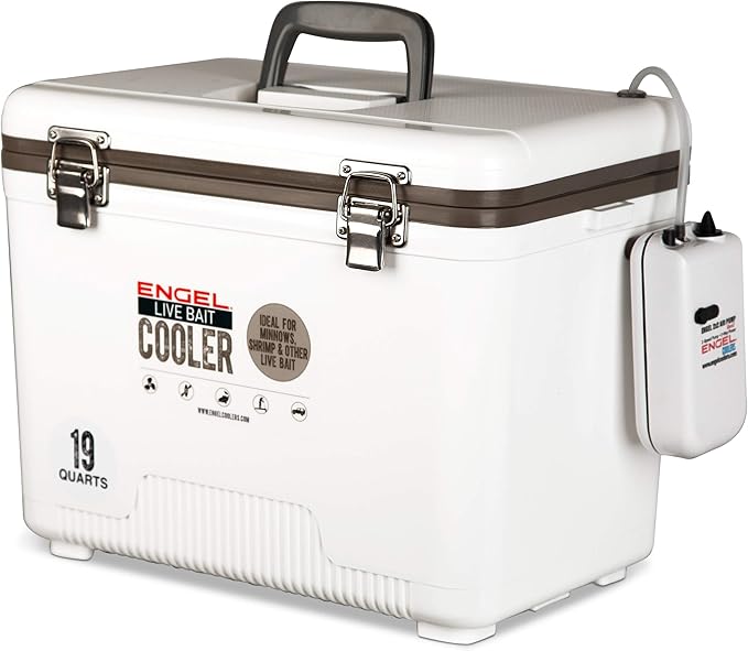 Engel Live Bait Cooler Box with 2nd Gen 2-Speed Aerator Pump - Portable Fishing Station & Minnow Bucket for Shrimp & Other Live Fish with Aerator - ENGLBC-N
