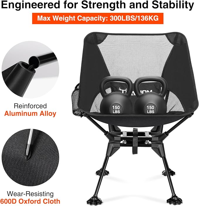 Trakiom 360° Swivel Folding Camping Chairs, Compact and Portable Chair for Outdoor Camp, Foldable Chairs with Anti-Sinking Large Feet for Travel, Beach, Picnic, Sports, Fishing Support 300 LBS(Black)