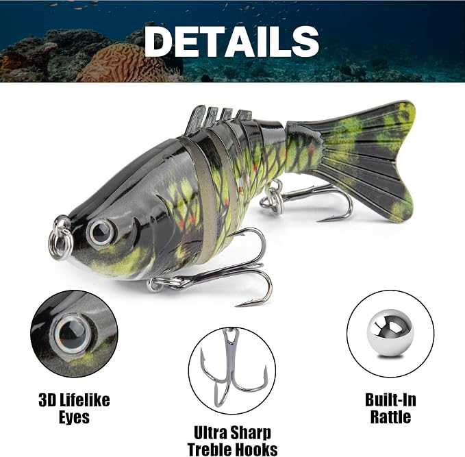Syosisny 3PCS Premium Segmented Fishing Lures Set, Multi-Jointed Hard Baits with 3D Eyes & Realistic Swimming Action, Sharp Treble Hooks for Bass, Trout, Walleye, Freshwater & Saltwater Swimbait