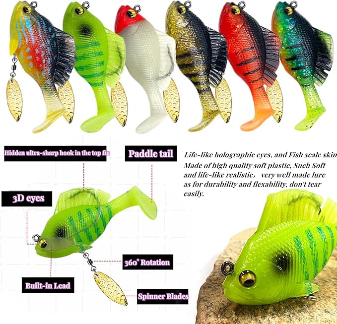 6Pcs Pre-Rigged Jig Head Soft Fishing Lures，Paddle Tail Swimbaits/3D Eyes/Spinner Blades for Bass Fishing,Hidden Ultra-Sharp Hook in The top fin,Fishing Bait for Freshwater Saltwater