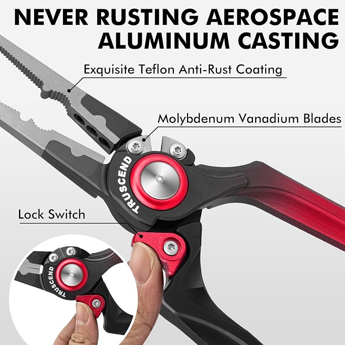 TRUSCEND Easy Use Lockable Fishing Pliers with Tungsten Carbide Cutter, Innovative Ergonomic Handy Handle, Saltwater Corrosion Resistant Teflon Coated Fishing Tool, Light Multi-Function Fishing Gear
