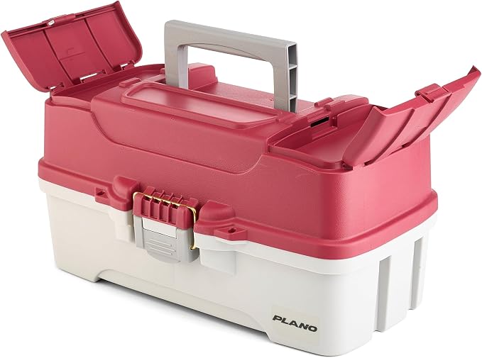 Plano Three-Tray Tackle Box Salmon Kit, Maroon/Grey, Rust-Proof Brass Latch, Top-Access Tray Compartments with Deep Storage, Made in the USA, Portable Fishing Gear Storage Organizer