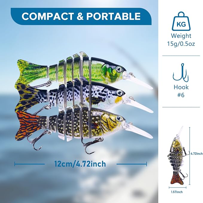 Keenjorika Fishing Lures Multi Jointed Fish Fishing Kits, Slow-Sinking Lifelike Segmented Swimbait Crankbaits, Realistic Swimming Action for Bass, Trout, Pike & Walleye, Freshwater and Saltwater