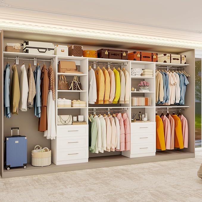 Closet System with 6 Wood Drawers, 5.8FT-8FT-13FT Closet Organizer System Storage Storage Adjustable with 6 Cuttable Shelves & 6 Expandable Hanging Rods, Walk in Closet, 2 Sets , White