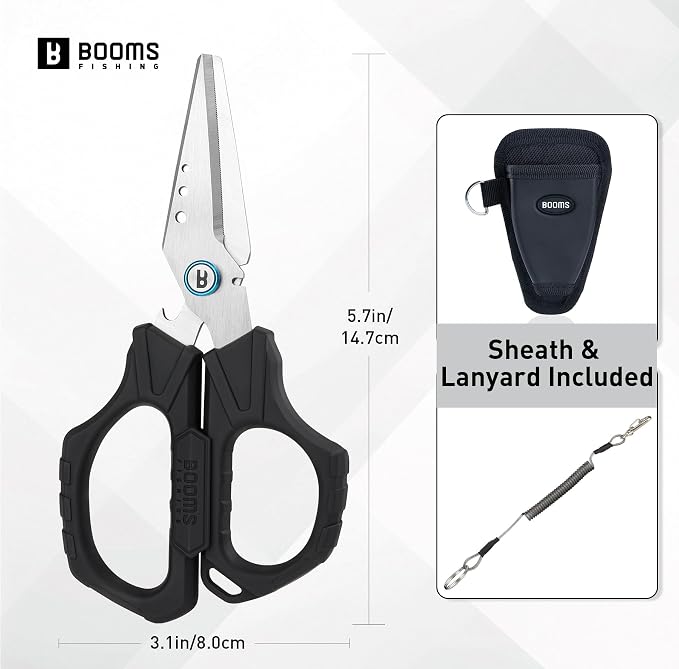 Booms Fishing Braided Line Cutter: 6.3in Multifunction Fishing Scissors with Lanyard and Sheath - Fishing Shears with Serrated Blades and Side Wire Cutter, S04