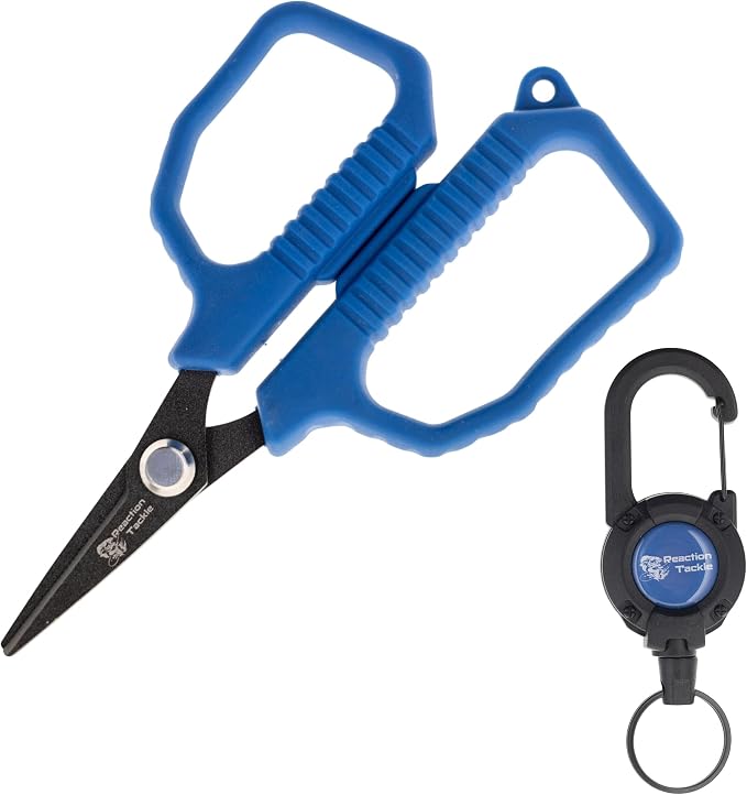 Reaction Tackle Micro Serrated Fishing Scissors with Retractable Lanyard & Carabiner – Precision Braid Cutters, Non-Slip Grip, Corrosion-Resistant Stainless Steel for Freshwater & Saltwater