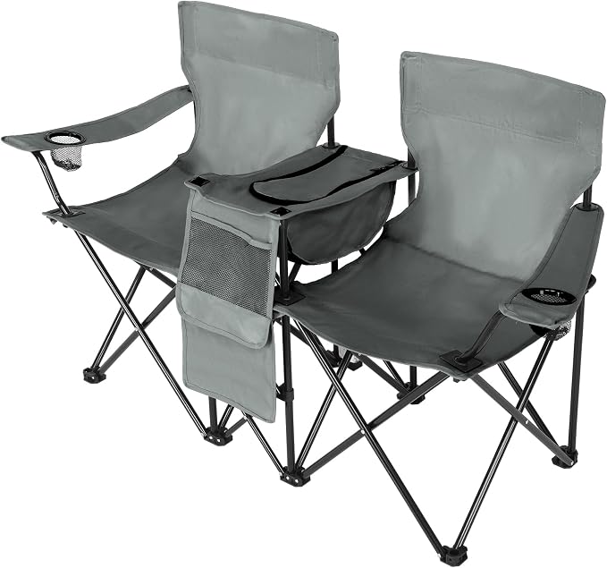 Double Camping Chair with Removable Umbrella, 2-Person Portable Folding Chair with Built-in Cooler Bag, Cup Holders & Storage Pockets, Heavy Duty Loveseat for Beach, Picnic, Fishing, Grey