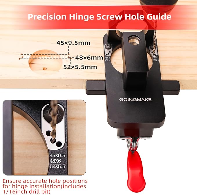 GOINGMAKE Compact Metal Concealed Hinge Jig with Quick Clamp,35mm Cabinet Hinge Jig with Dust Adapter for Cabinet Hinge Mounting,Woodworking Cabinet Door Hinge Jig Drill Guide Cabinet Hardware Jig