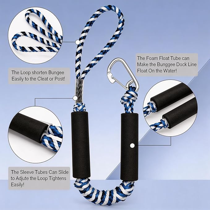2 PK Blue Bungee Dock Lines for Boats 2FT with 316 Stainless Clip Boat Accessories Marine Grade Boat Rope Boating Accessories Boat Dock Lines Jet Ski or PWC Mooring Boat Lines & Dock Ties