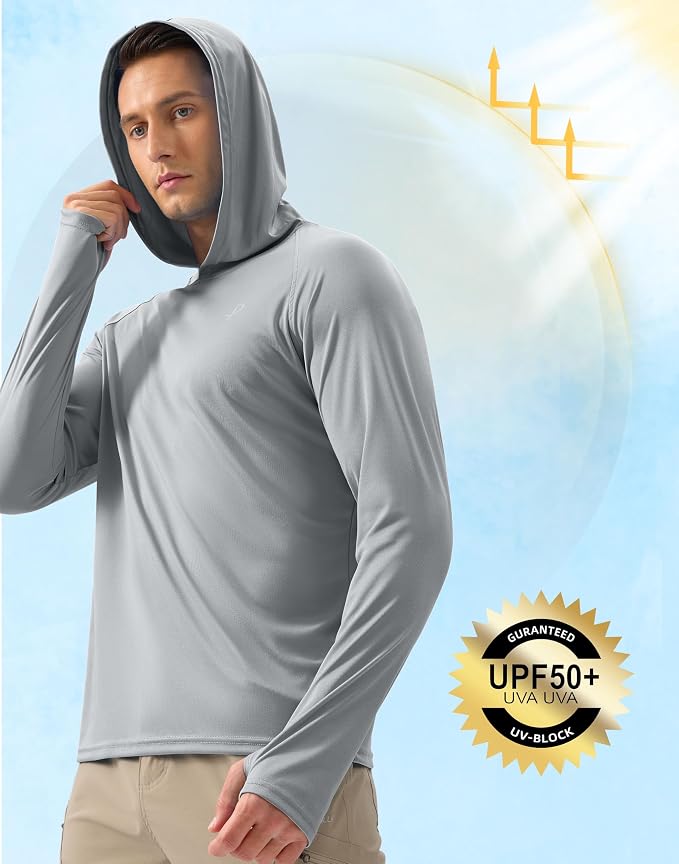 Pudolla Men's Sun Protection Hoodie Shirts UPF 50+ Rash Guard SPF Long Sleeve Fishing Shirt for Men Swim Hiking Boating