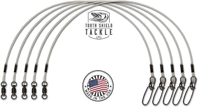 5 Pack 60 lb 8" Premium Fluorocarbon Tooth Shield Tackle Musky Leaders Muskie Pike Leader (Ball Bearing Swivel)