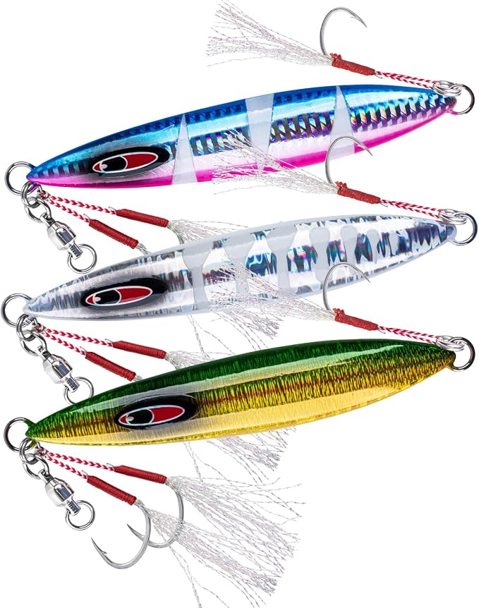 Goture Slow Pitch Jigs, Glow Flat Fall Jig Fishing Lure with Double Assist Hooks and Swivel, Fishing Jigs Saltwater 40g-250g Deep Sea Fishing Jigging Lures for Tuna,Dogtooth Tuna, Yellowtail,Kingfish