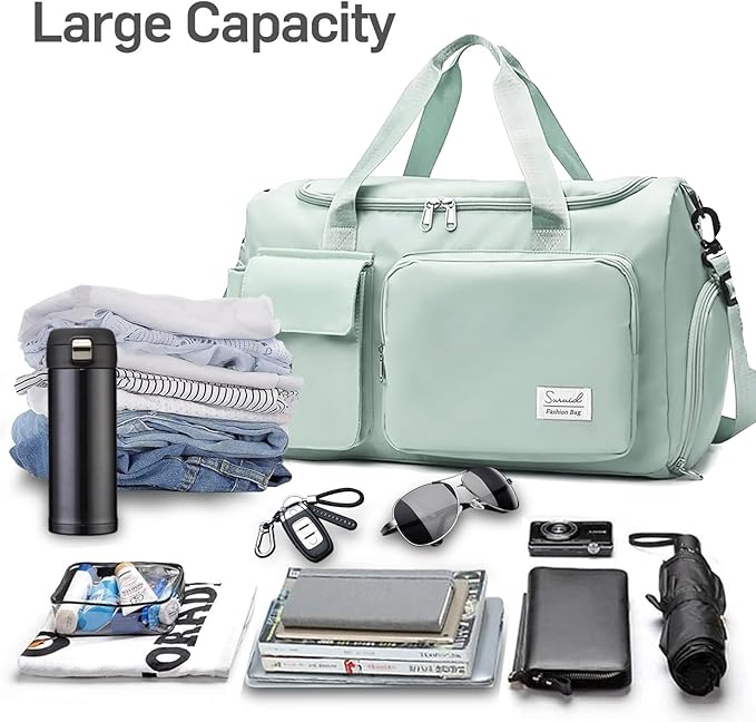 Suruid Travel Duffel Bag with Shoes Compartment Sports Gym Bag with Dry Wet Separated Pocket for Men and Women, Overnight Bag Weekender Bag Training Handbag Yoga Bag - Light Green