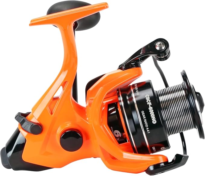 Okuma Cat Slayer Custom 6000 Baitfeeder Reel – Catfish Spinning Reel with Dual Force Drag, Flite Drive System & UV Reactive Neon Orange Finish, CSCF-6000NO