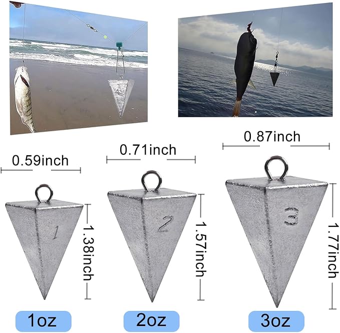SIWIRIOM Pyramid Sinkers for Surf & Saltwater 6 Pack Fishing Weights Lead Sinkers with Slider Universal Connectors, Fishing Weights Assortment Kits Fishing Gear Tackle 1oz 2oz 3oz