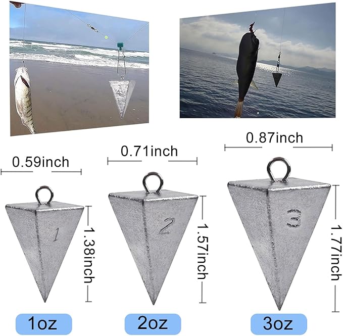 SIWIRIOM Pyramid Sinkers for Surf & Saltwater 6 Pack Fishing Weights Lead Sinkers with Slider Universal Connectors, Fishing Weights Assortment Kits Fishing Gear Tackle 1oz 2oz 3oz